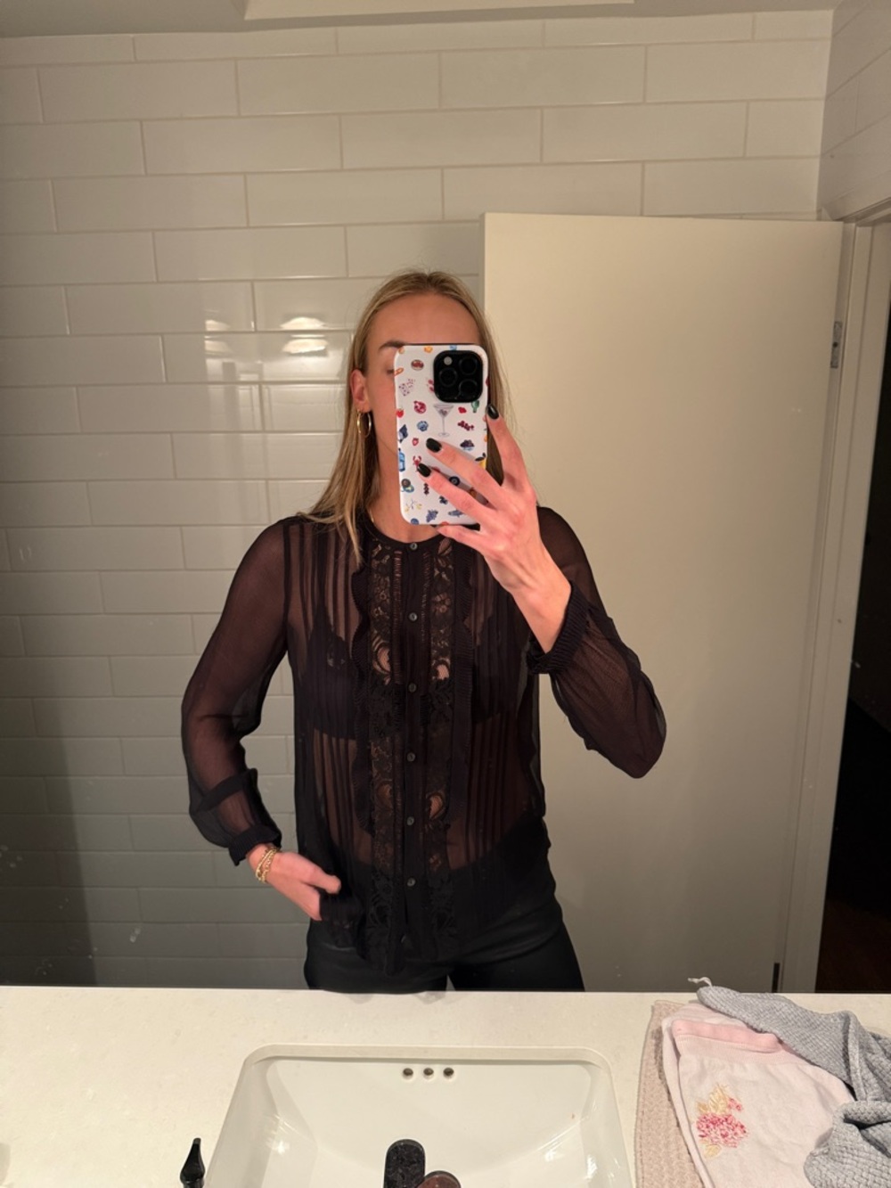 Rebecca Taylor Sheer Black Lace-Front Blouse